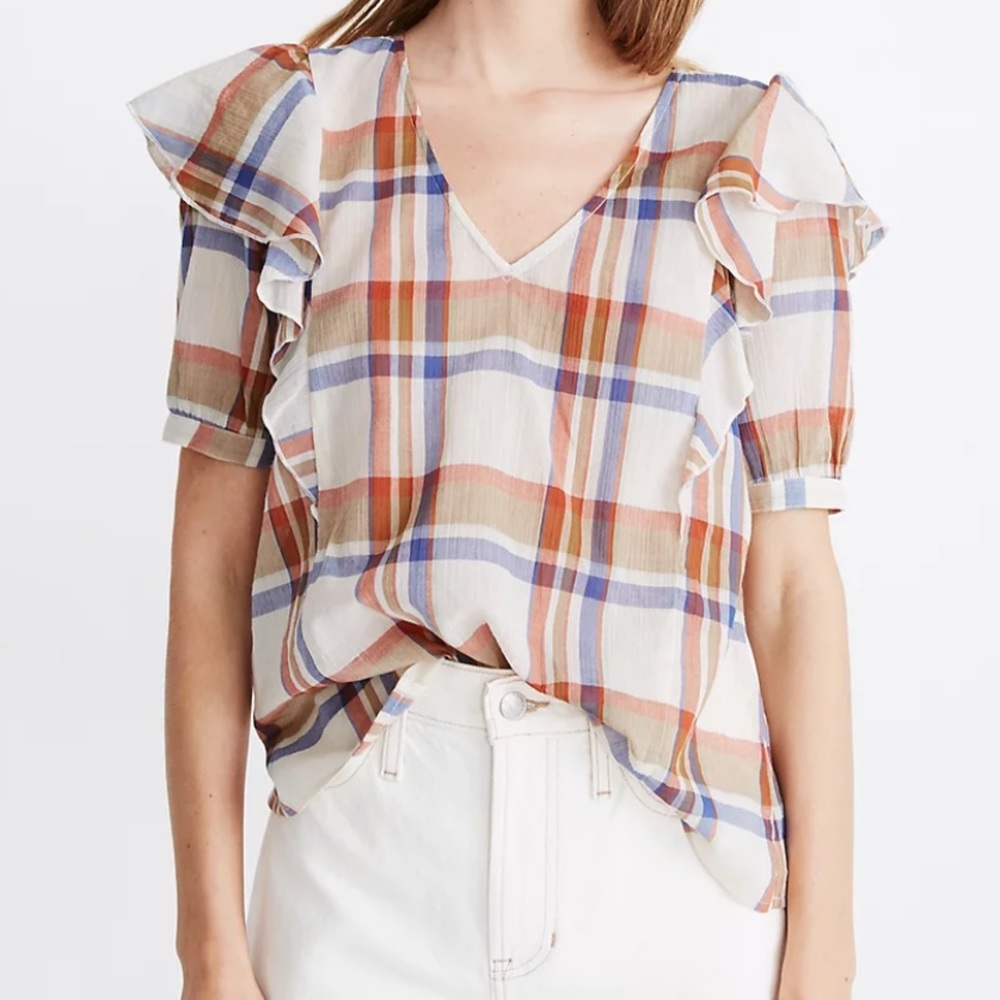 Madewell Shoulder Ruffle V-Neck Top Plaid Large “shady plaid in dusted tin 🆕